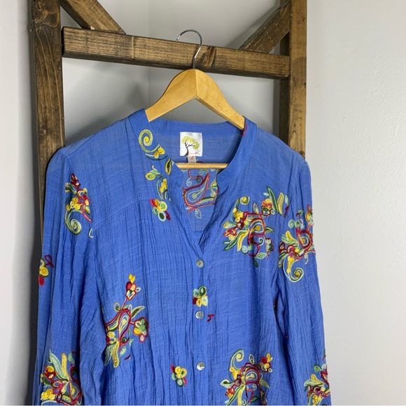 Fig and Flower Blue Blouse with Colorful Embroidery Size XL - Picture 2 of 5